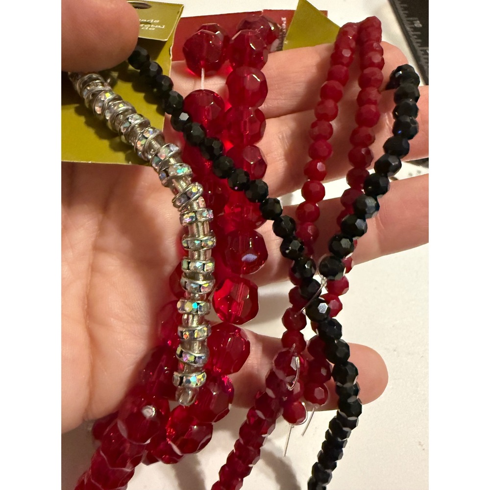 Bead Landing Glass & Metal Bead Bundle Red Black Rhinestone Rondelle 5 Strands